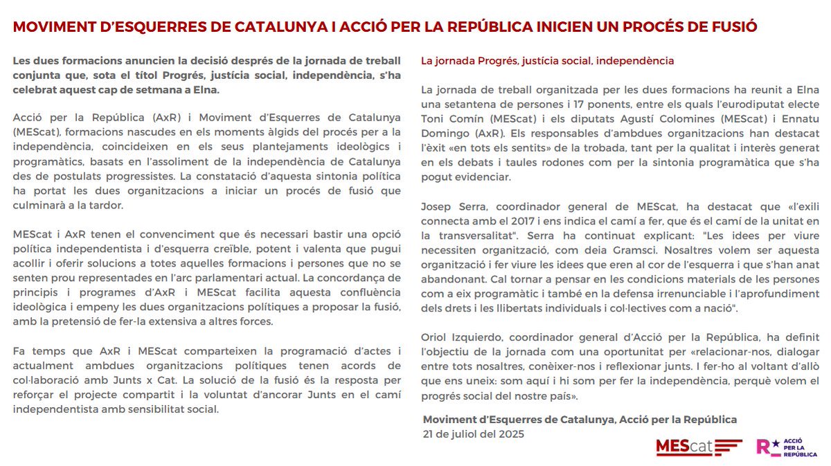 MEScat i <a href="/AccioxRep/">Acció per la República 🎗</a> inicien un procés de fusió.
Les dues formacions anuncien la decisió després de la jornada de treball conjunta que, sota el títol Progrés, justícia social, independència, s’ha celebrat aquest cap de setmana a Elna.
👉mesesquerres.cat/moviment-desqu…
