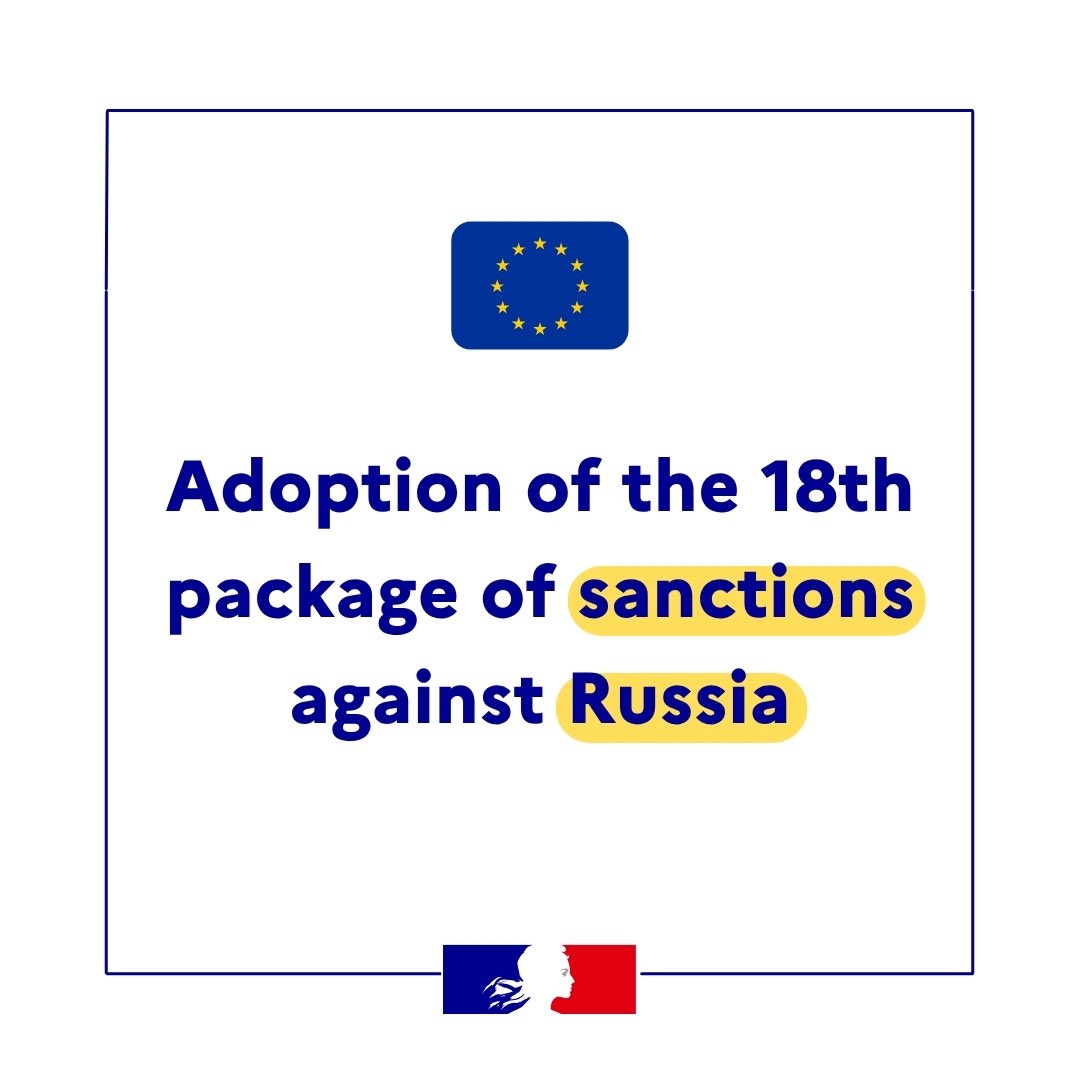 AmbDuchene's tweet image. 🇪🇺🇫🇷 18th EU sanctions package against Russia adopted:
➡️ Oil price cap cut, with dynamic adjustment
➡️ Ban on refined products from Russian crude
➡️ 22 more banks blacklisted
➡️ Sanctions on 105 "ghost fleet" ships, Nord Stream ops & war financing actors
