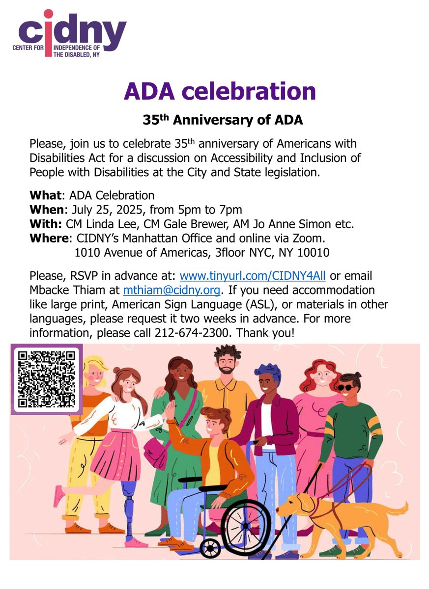 CID_NY's tweet image. Just one more day until CINDY’s ADA celebration on 7/25. Join us in celebration and for a panel discussion with guests Assemblymember Jo Anne Simon, Council Member Gale Brewer, and Council Member Linda Lee.
RSVP at tinyurl.com/CIDNY4All