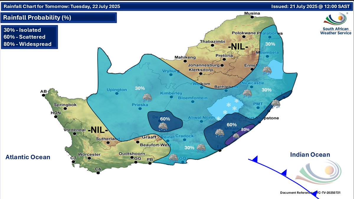 ❄️🥶️⛈️️️🌤️️️️️ ️WEATHER UPDATE: Very cold in KZN on Tuesday and a severe thunderstorm warning for the Eastern Cape. See snowreport.co.za for the full forecast #saws #saweather #forecast #weatherwarnings