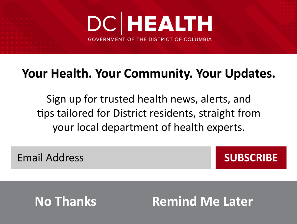 _DCHealth's tweet image. Your Health. Your Community. Your Updates.
Sign up for trusted health news, alerts, and tips tailored for District residents, straight from your local department of health experts. Visit: dchealth.dc.gov