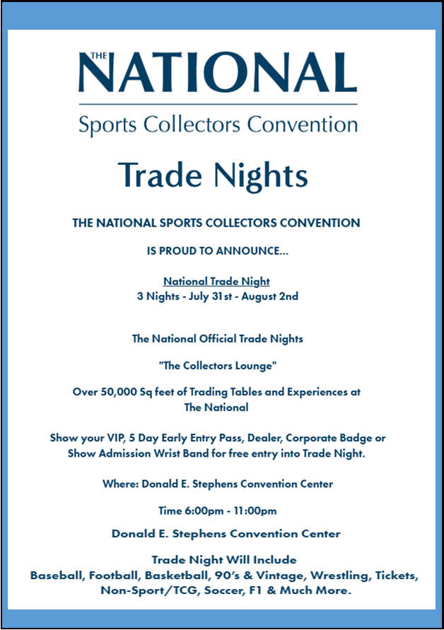 Next week ...

Here is some more info on the Trade Nights @ the Convention Center.  We should have more details on our wrestling card panel this week.

Hope to see you all there!