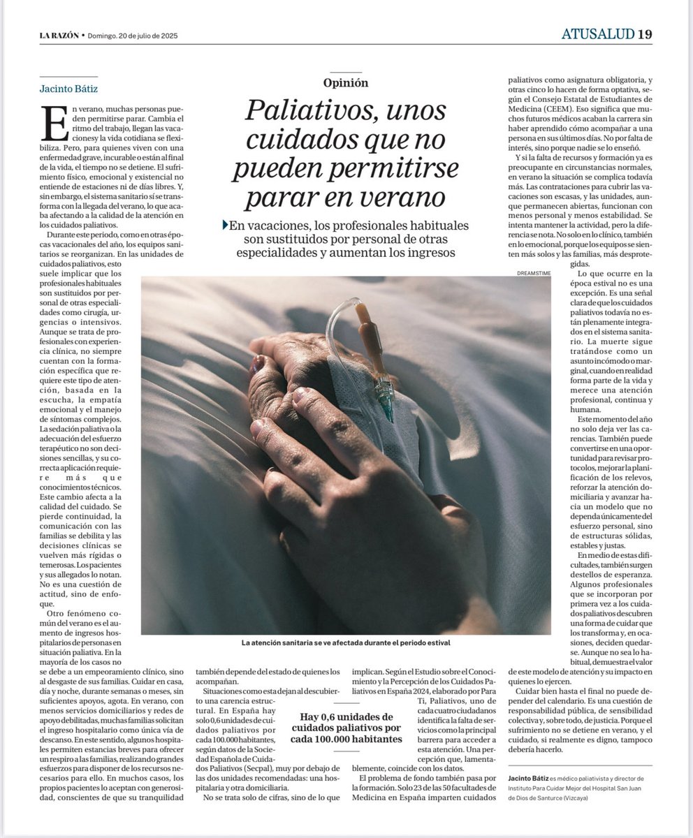 JBtiz's tweet image. Cuidar bien hasta el final no puede de-
pender del calendario. Es una cuestión de responsabilidad pública, de sensibilidad colectiva y, sobre todo, de justicia. El sufrimiento no se detiene en verano, y el cuidado, si realmente es digno, tampoco debería hacerlo. @ParaTiPaliativos