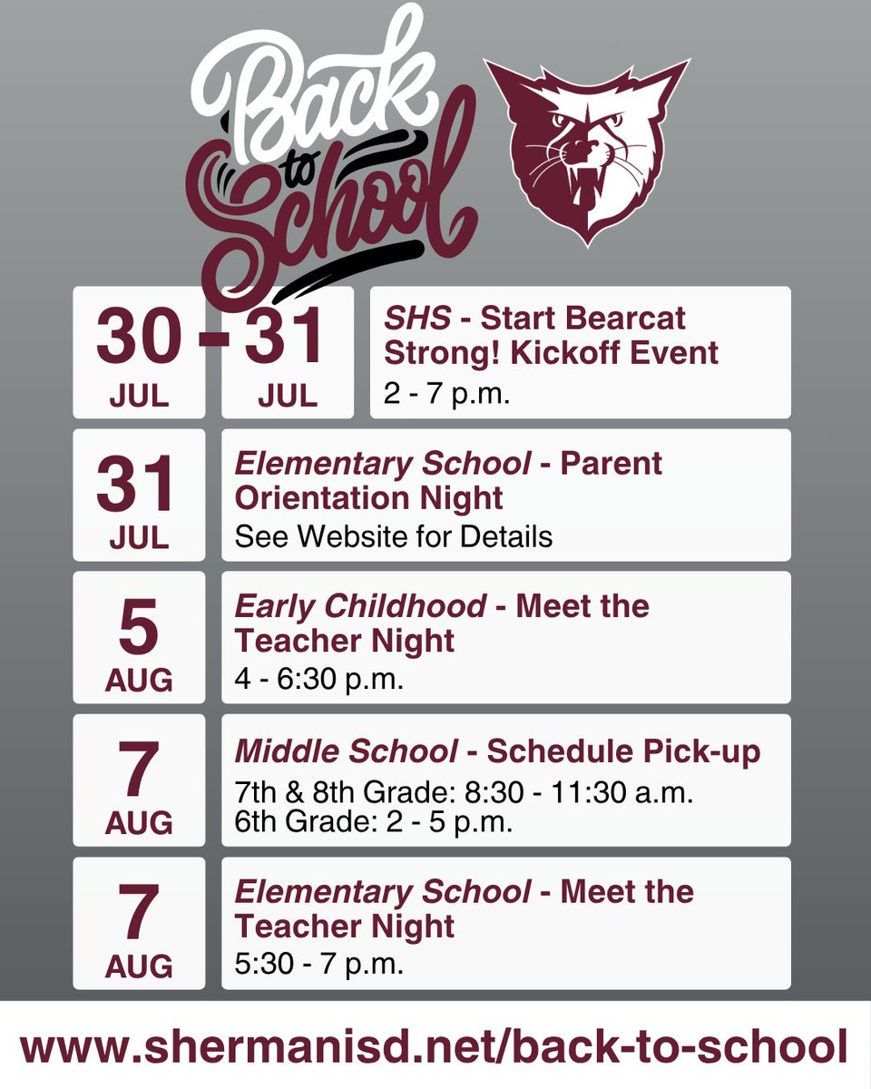 Sherman ISD (@shermanisd) on Twitter photo Save the date 📆 for these important upcoming back-to-school events! 🏫 shermanisd.net/back-to-school Save the date 📆 for these important upcoming back-to-school events! 🏫 shermanisd.net/back-to-school
