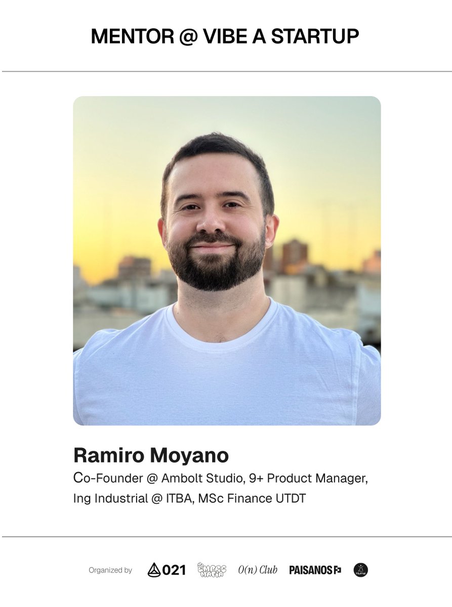 vibeastartup's tweet image. MENTOR @rama_moyano_
An engineer and an MSc in Finance, he can tell you how to build it and how to make it profitable in just one day.