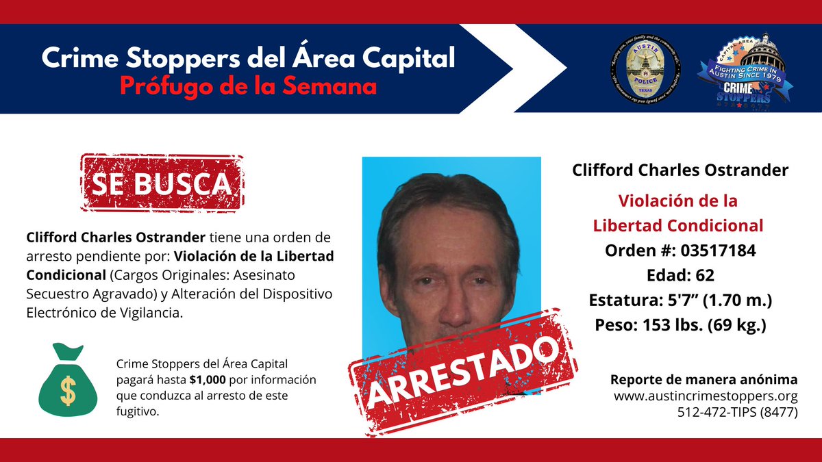 Austin_Police's tweet image. On Saturday, July 19, 2025, Clifford Charles Ostrander was arrested in the David sector.
---
El sábado 19 de julio de 2025, Clifford Charles Ostrander fue arrestado en el sector David.