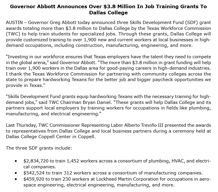 GregAbbott_TX's tweet image. Texas is awarding over $3.8 million in job training grants to Dallas College.
This investment will help train over 1,900 Texans for high-demand careers.
Texas provides better job and bigger paycheck opportunities for hardworking Texans.