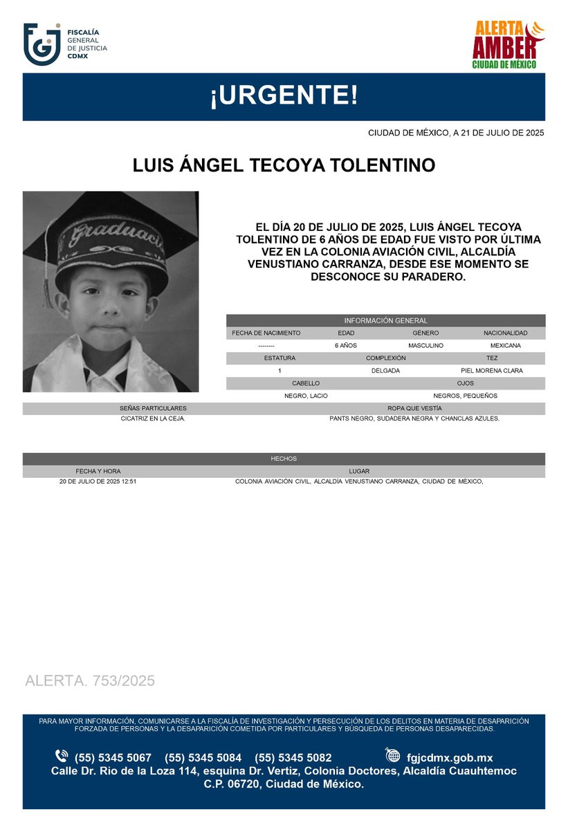Se activa #AlertaAmber para localizar a Luis Ángel Tecoya Tolentino, de 6 años, visto por última vez el pasado 20 de julio en la colonia Aviación Civil, alcaldía Venustiano Carranza.