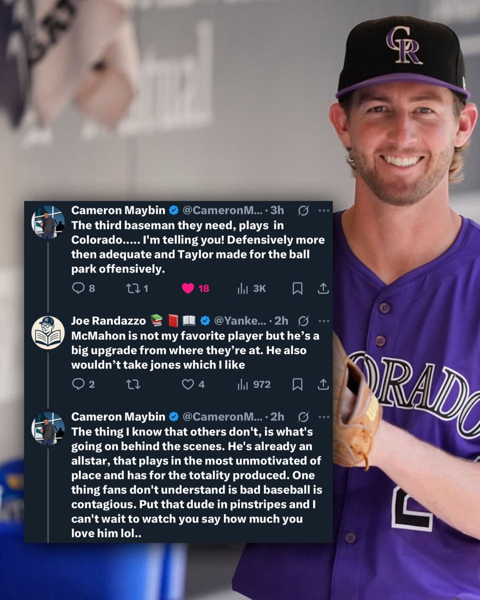 YankeeLibrarian's tweet image. Ryan McMahon fits the Yankees best, according to my good friend Cameron Maybin.