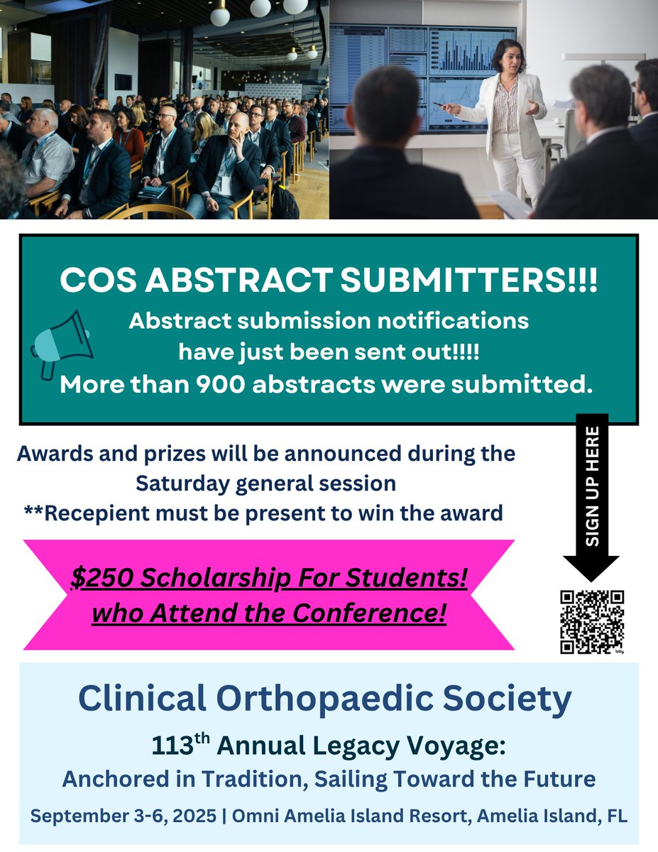 ClinicalOrtho1's tweet image. Thank you to everyone who submitted—over 900 abstracts this year!
Awards and scholarships will be announced during the Saturday General Session.
Be there to win!
Students: Don’t miss your chance at a $250 scholarship just for attending. #COS2025