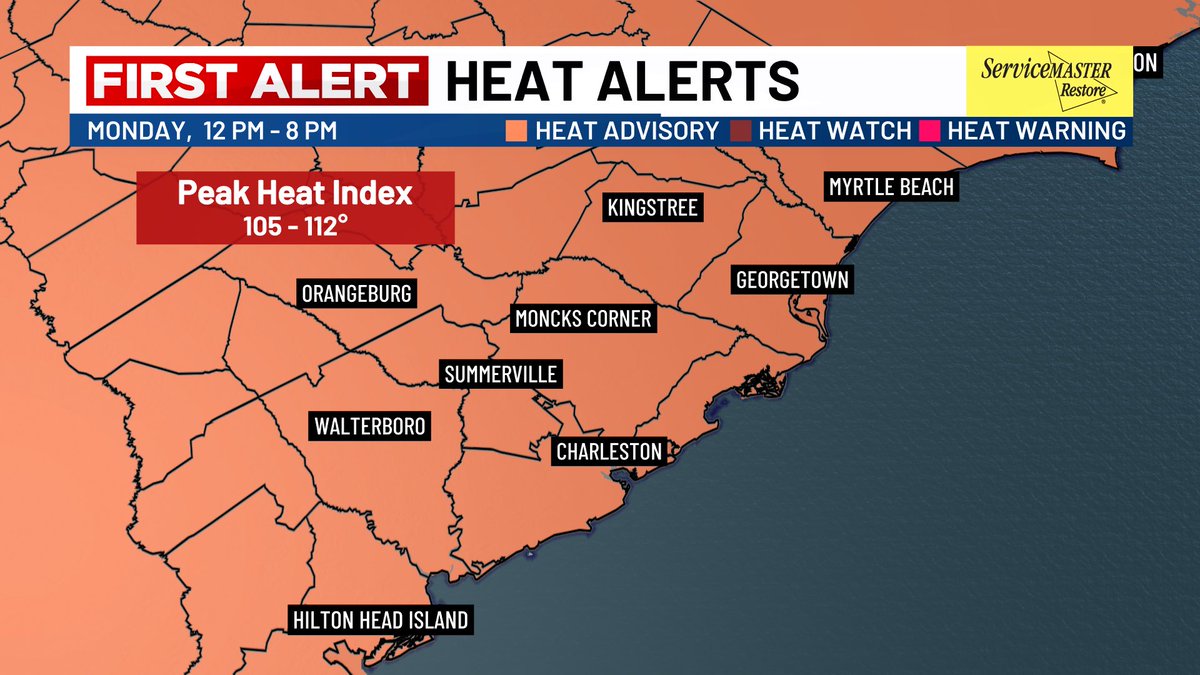 WXwithLex's tweet image. 2 words - HOT & HUMID! 🥵🔥
Another Heat Advisory is in effect today from 12PM - 8PM. Highs reaching the mid to upper 90s and low 90s along the coast with heat index values up to 112°.
Scattered showers and storms build later today which could provide relief to the heat! #chs