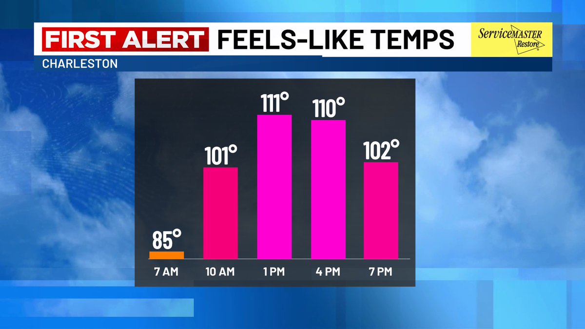 WXwithLex's tweet image. 2 words - HOT & HUMID! 🥵🔥
Another Heat Advisory is in effect today from 12PM - 8PM. Highs reaching the mid to upper 90s and low 90s along the coast with heat index values up to 112°.
Scattered showers and storms build later today which could provide relief to the heat! #chs
