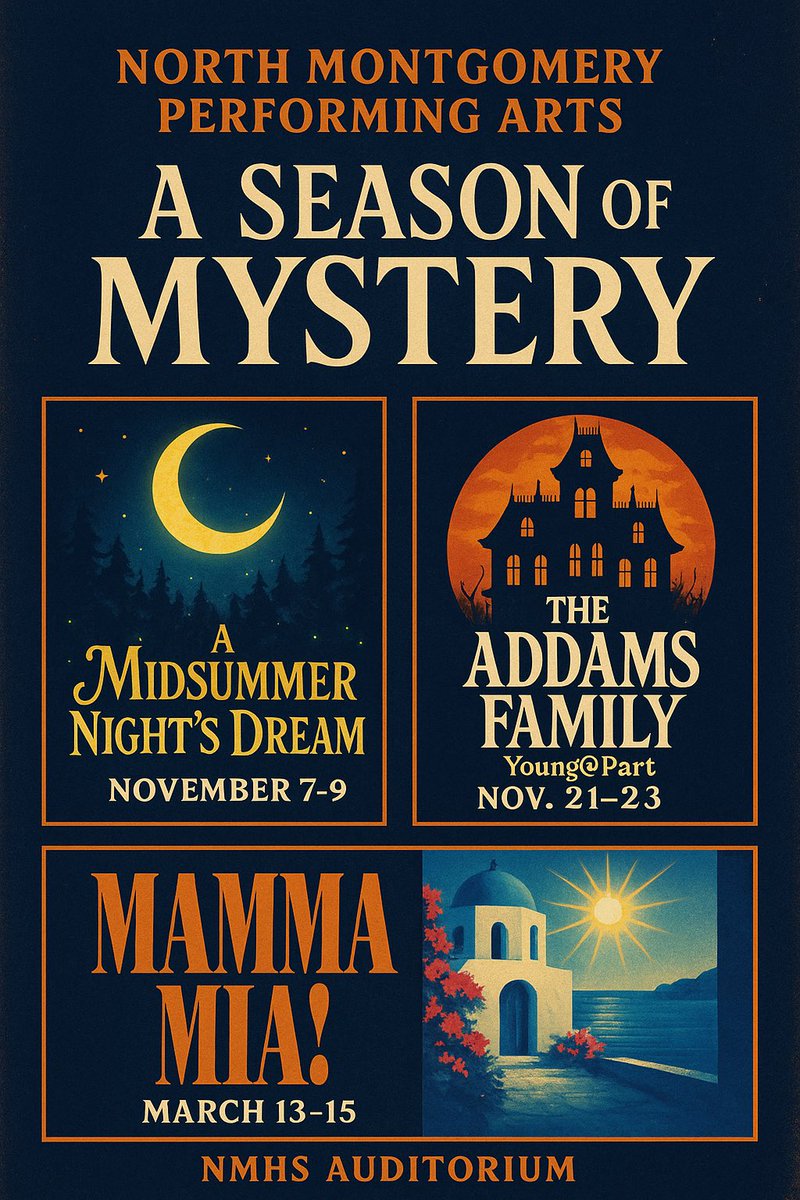 🎭 NM Season Announcement 25/26 school year!! 📢 

Please save the date!!
NMHS Fall Play is A Midsummer Night’s Dream
NMMS Musical is The Addams Family Young@Part
NMHS Musical is Mamma Mia!