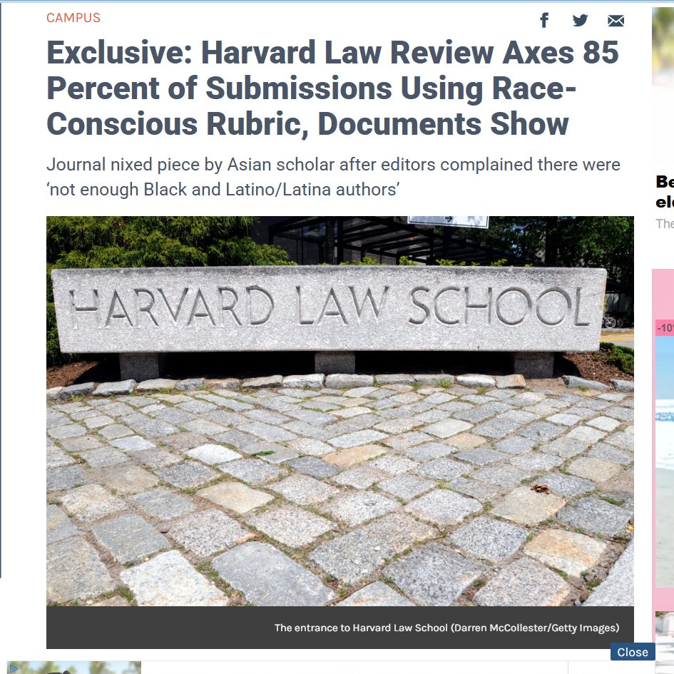 SarahPPerry's tweet image. After SCOTUS's ruling in SFFA v. Harvard striking down the university's race-conscious admissions policies, Harvard Law Review ramped up efforts to nix non-minority article submissions by using a rubric designed to favor authors from "underrepresented" backgrounds.
They just…