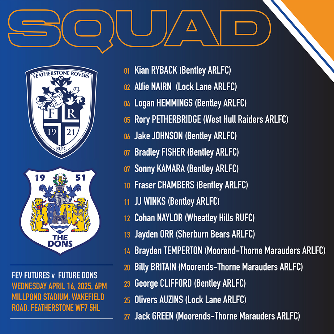 Doncaster_RLFC's tweet image. 🔢 | Future Dons Squad Announcement
Head of development Andy Castle has named his Future Dons squad to face @FevRoversRLFC futures this Wednesday at the Millpond Stadium.
🔵 #COYD 🟠