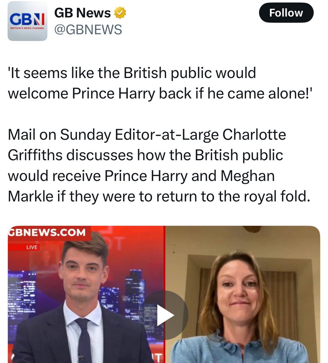 AsterUnfiltered's tweet image. So according to Charlotte Griffiths, the British public would welcome Prince Harry back as long as he comes without Meghan?
What absolute rubbish. Did Harry offer to marry you, Charlotte, if that’s what it takes to be “welcomed back”? Because this level of delusion is giving…