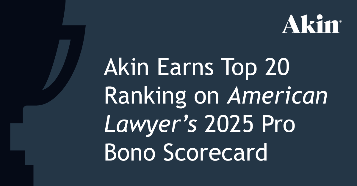 Akin ranked 17th on The American Lawyer’s 2025 Pro Bono Scorecard, which ranks law firms based on average pro bono hours per lawyer and the percentage of lawyers with at least 20 hours of pro bono work.

Read more here: akingump.com/en/insights/aw…

#ProBono