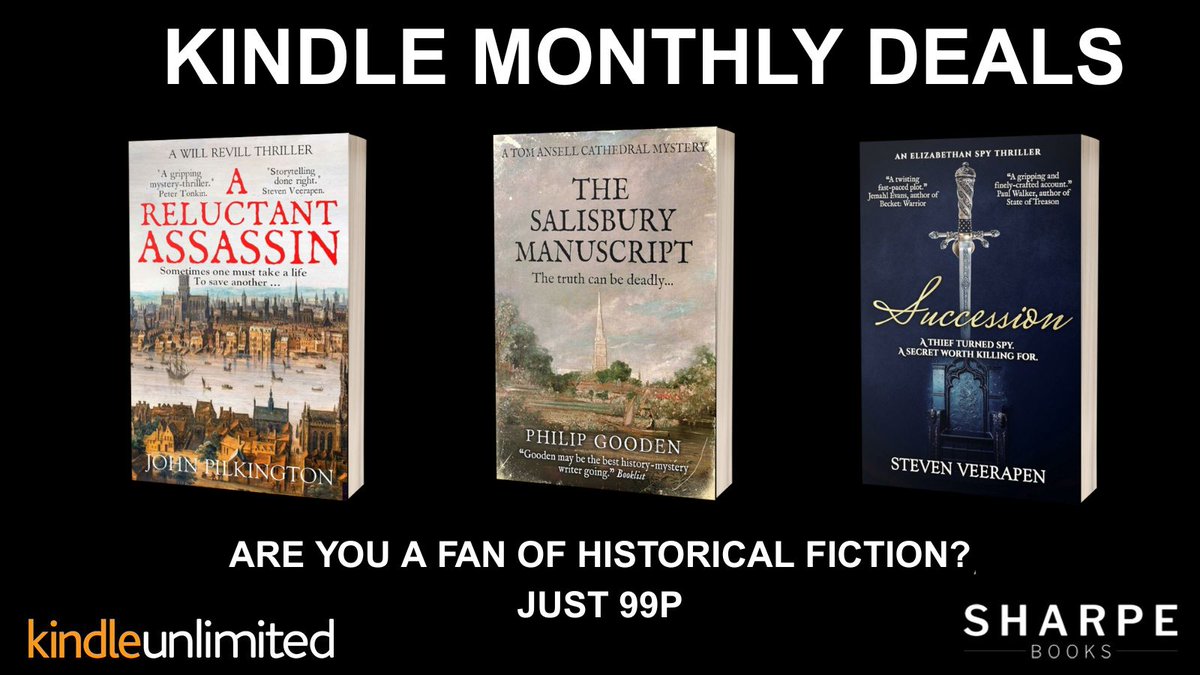 SharpeBooks's tweet image. #KindleMonthlyDeals
Just 99p
Are you a fan of historical fiction?
A Reluctant Assassin, by @_JohnPilkington
amazon.co.uk/Reluctant-Assa…
The Salisbury Manuscript, @Philip_Gooden
amazon.co.uk/Salisbury-Manu…
Succession, by @stevenveerapen
amazon.co.uk/Succession-Eli…
#histfic #bestsellers