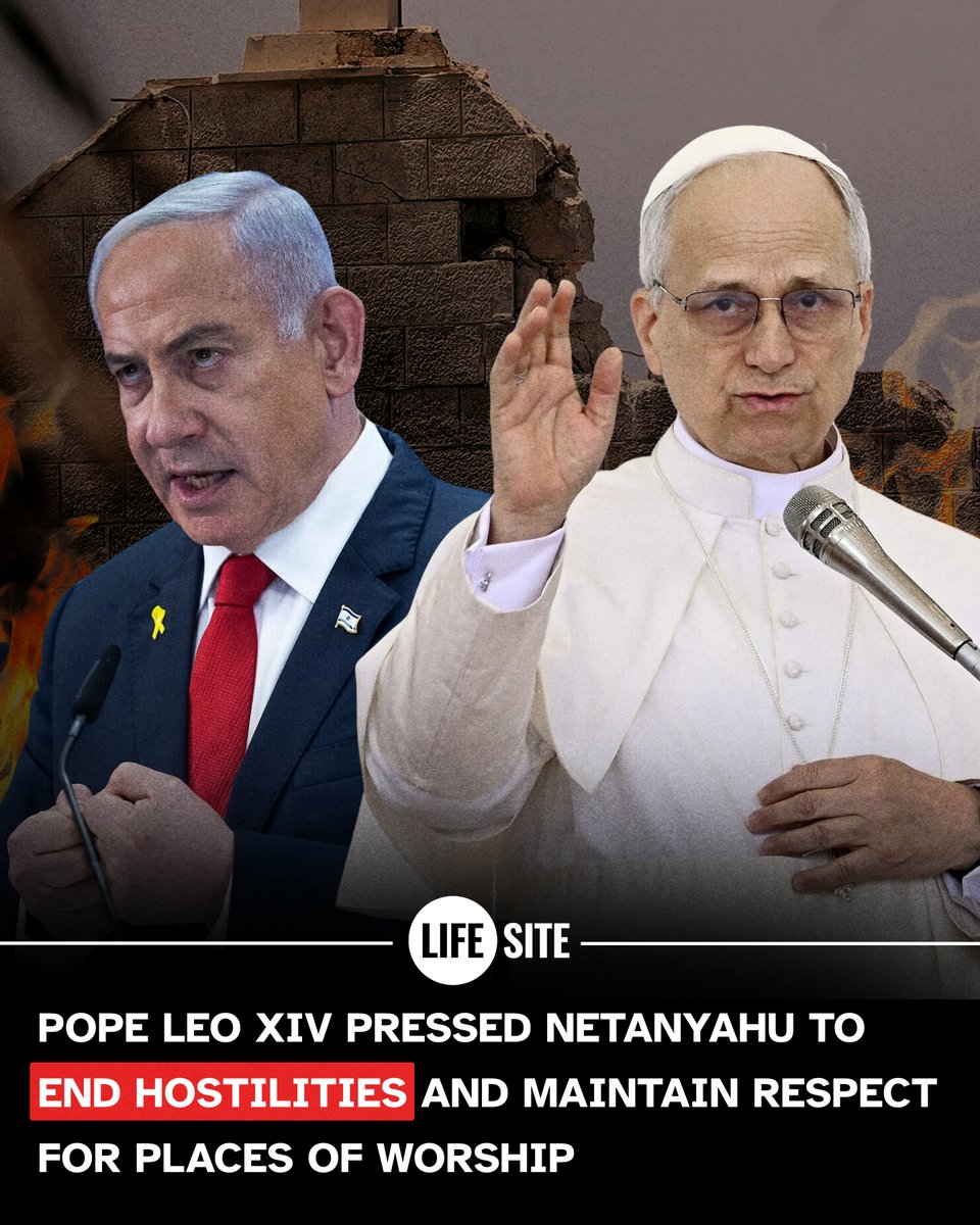 LifeSite's tweet image. Pope Leo XIV spoke with Israeli PM Benjamin Netanyahu by telephone.
@Pontifex urged @IsraeliPM to end hostilities, allow a swift solution to the humanitarian disaster unfolding in the strip, and maintain respect for places of worship.
READ MORE: lifesitenews.com/news/pope-leo-…