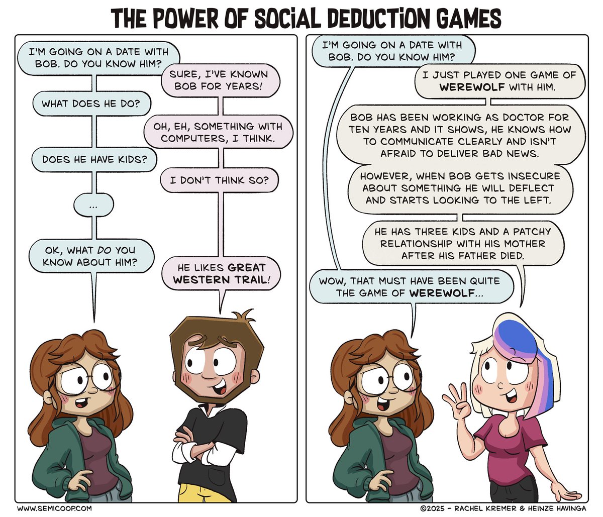 semicoop's tweet image. New comic! Ever learned more about someone in one social deduction game than in years of small talk? 🕵️♂️
You can read this week's blog post at
semicoop.com/comic/the-grea… #boardgames #Werewolf