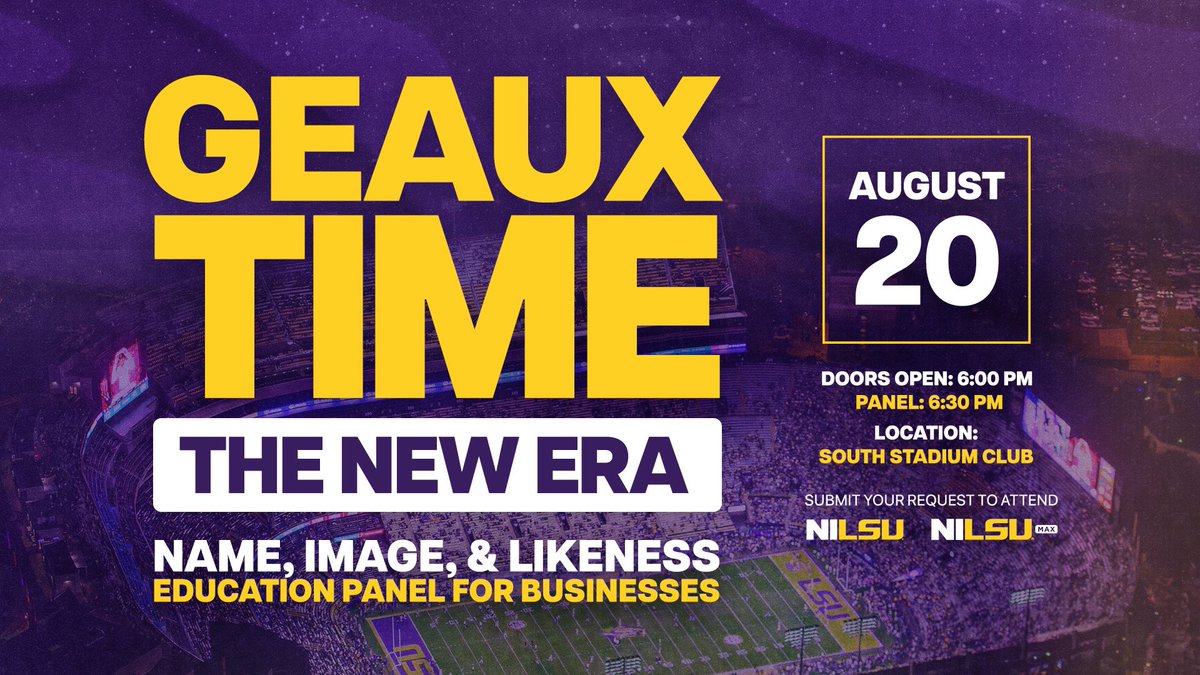 Calling all local/regional businesses!

Join us Wednesday, August 20th for Geaux Time: The New Era- an event designed to help local and regional businesses better understand the evolving NIL landscape, LSU’s role in it, and how your business can get involved through NILSU MAX.