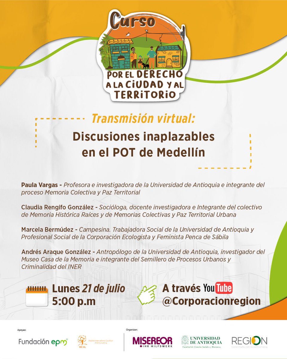 ¡Conéctate hoy a esta transmisión! 📣

El #POT define cómo crecemos, cómo nos movemos y cómo vivimos en nuestra ciudad. Por eso, hemos preparado una sesión fundamental dentro de nuestro curso: "Discusiones inaplazables del POT en Medellín". 

#DerechoalaCiudad #ciudadanía