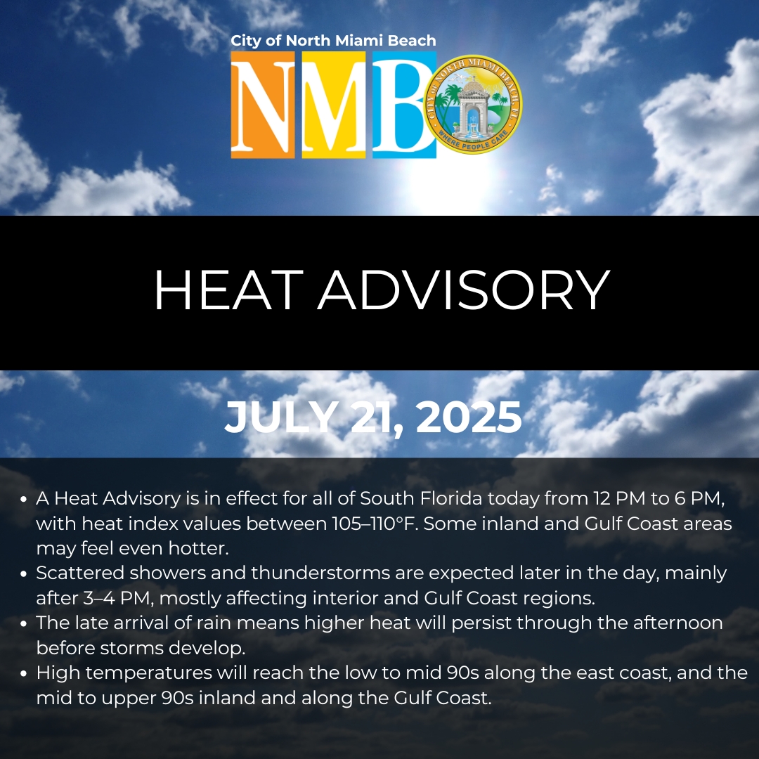 CityNMB's tweet image. A Heat Advisory is in effect across South Florida today from 12 PM to 6 PM, with heat index values expected to reach 105–110°F. Some areas, especially inland and along the Gulf Coast, may feel even hotter.
Stay hydrated, limit outdoor activity, and take heat safety precautions.