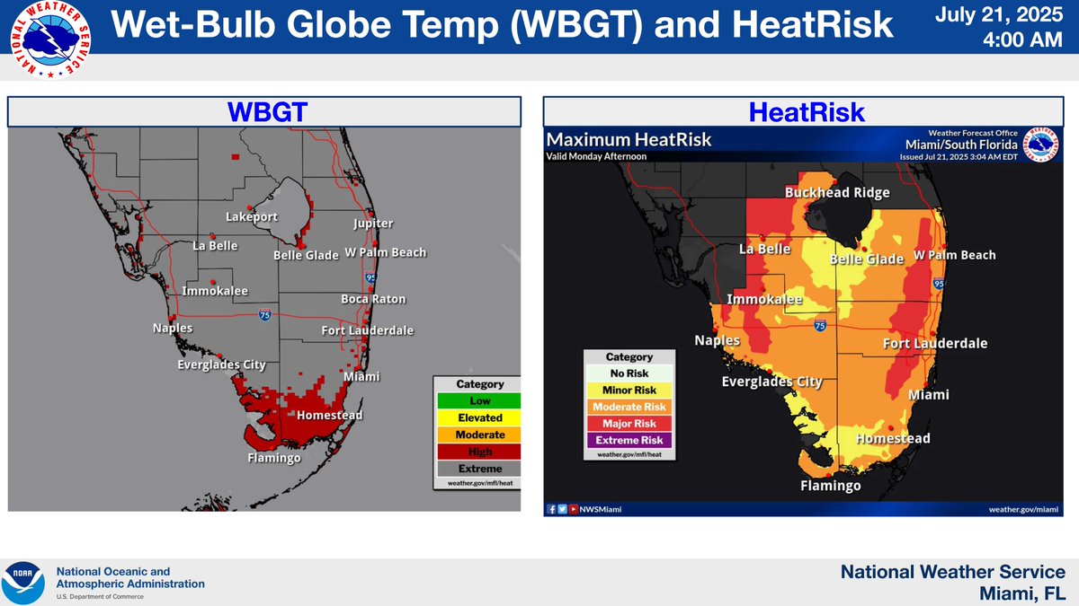 CityNMB's tweet image. A Heat Advisory is in effect across South Florida today from 12 PM to 6 PM, with heat index values expected to reach 105–110°F. Some areas, especially inland and along the Gulf Coast, may feel even hotter.
Stay hydrated, limit outdoor activity, and take heat safety precautions.