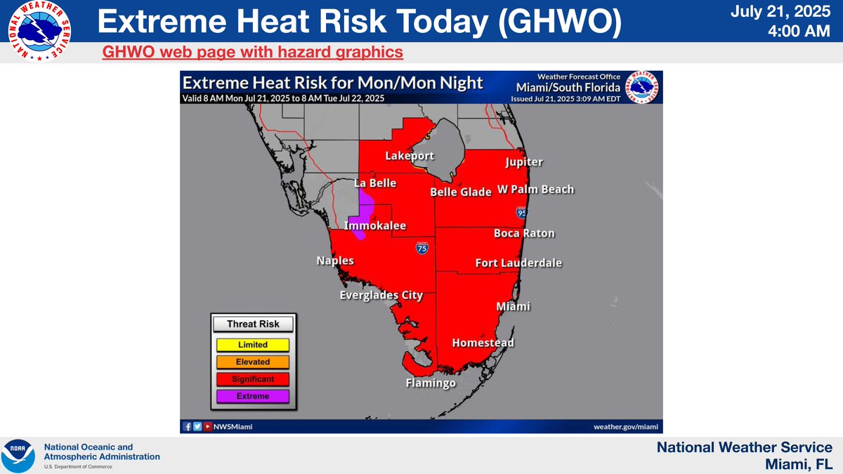 CityNMB's tweet image. A Heat Advisory is in effect across South Florida today from 12 PM to 6 PM, with heat index values expected to reach 105–110°F. Some areas, especially inland and along the Gulf Coast, may feel even hotter.
Stay hydrated, limit outdoor activity, and take heat safety precautions.