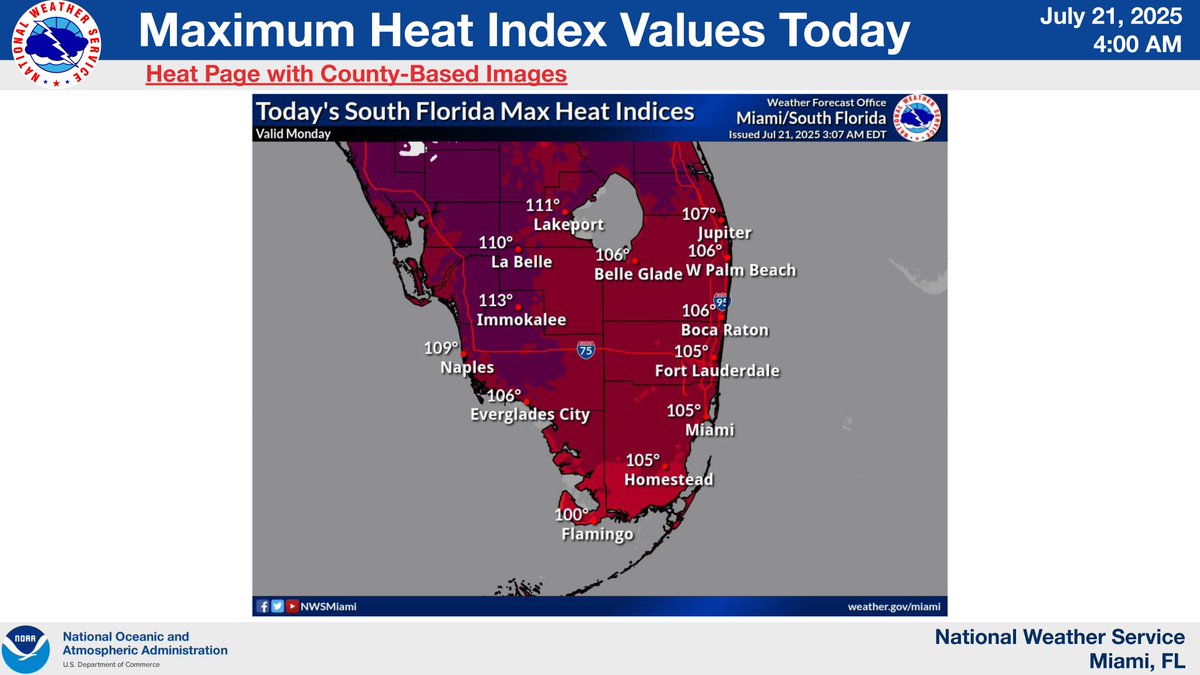 CityNMB's tweet image. A Heat Advisory is in effect across South Florida today from 12 PM to 6 PM, with heat index values expected to reach 105–110°F. Some areas, especially inland and along the Gulf Coast, may feel even hotter.
Stay hydrated, limit outdoor activity, and take heat safety precautions.