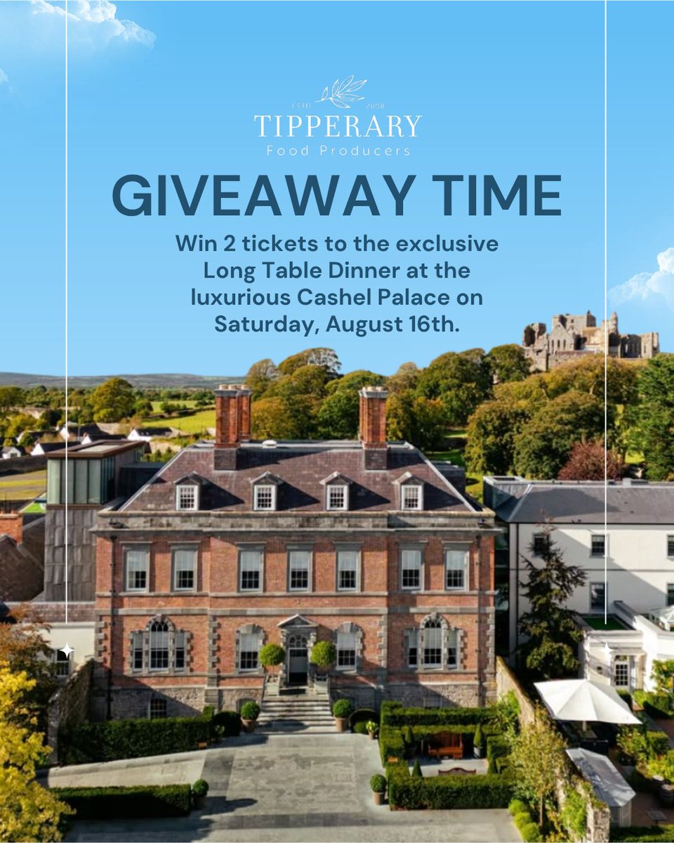 Tipperary Food Producers (@tippfood) on Twitter photo RT this post to enter! 🔁
We have 2 tickets to giveaway to our Long-Table Dinner at <a href="/CashelPalace/">Cashel Palace Hotel</a>! 🎉
<a href="/odonnellscrisps/">O' Donnells Crisps</a> <a href="/rivesci/">Rívesci</a> <a href="/HickeysBakery/">Nuala@HickeysBakery</a> <a href="/CashelBlue/">Cashel Blue Cheese</a> <a href="/Crowesfarm/">Crowe's Farm</a> <a href="/GalteeHoney/">Galtee Honey Farm</a> <a href="/JWButchers/">James Whelan Butcher</a> <a href="/NutShed_/">Nutshed</a> <a href="/ponaire/">Ponaire Coffee Roastery</a> <a href="/CooleeneyFarm/">Cooleeney Farm</a> <a href="/Longwayscider/">Longways Cider</a> <a href="/EmeraldOils/">Emerald Oils</a> <a href="/farmbrookfield/">Brookfield Farm</a> RT this post to enter! 🔁
We have 2 tickets to giveaway to our Long-Table Dinner at <a href="/CashelPalace/">Cashel Palace Hotel</a>! 🎉
<a href="/odonnellscrisps/">O' Donnells Crisps</a> <a href="/rivesci/">Rívesci</a> <a href="/HickeysBakery/">Nuala@HickeysBakery</a> <a href="/CashelBlue/">Cashel Blue Cheese</a> <a href="/Crowesfarm/">Crowe's Farm</a> <a href="/GalteeHoney/">Galtee Honey Farm</a> <a href="/JWButchers/">James Whelan Butcher</a> <a href="/NutShed_/">Nutshed</a> <a href="/ponaire/">Ponaire Coffee Roastery</a> <a href="/CooleeneyFarm/">Cooleeney Farm</a> <a href="/Longwayscider/">Longways Cider</a> <a href="/EmeraldOils/">Emerald Oils</a> <a href="/farmbrookfield/">Brookfield Farm</a>