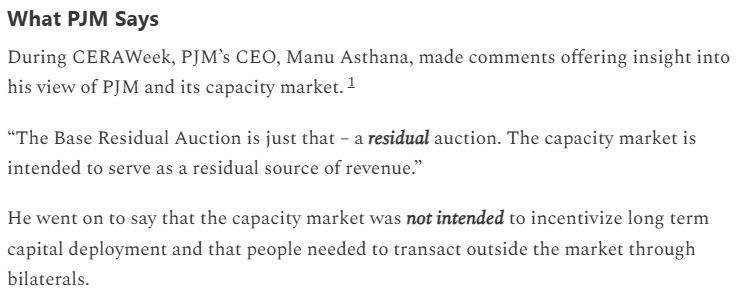 Following up on an interesting discussion over the weekend.

PJM's capacity market, the "Base Residual Auction", was designed to be a residual market.

Here's what PJM's CEO said on the topic.