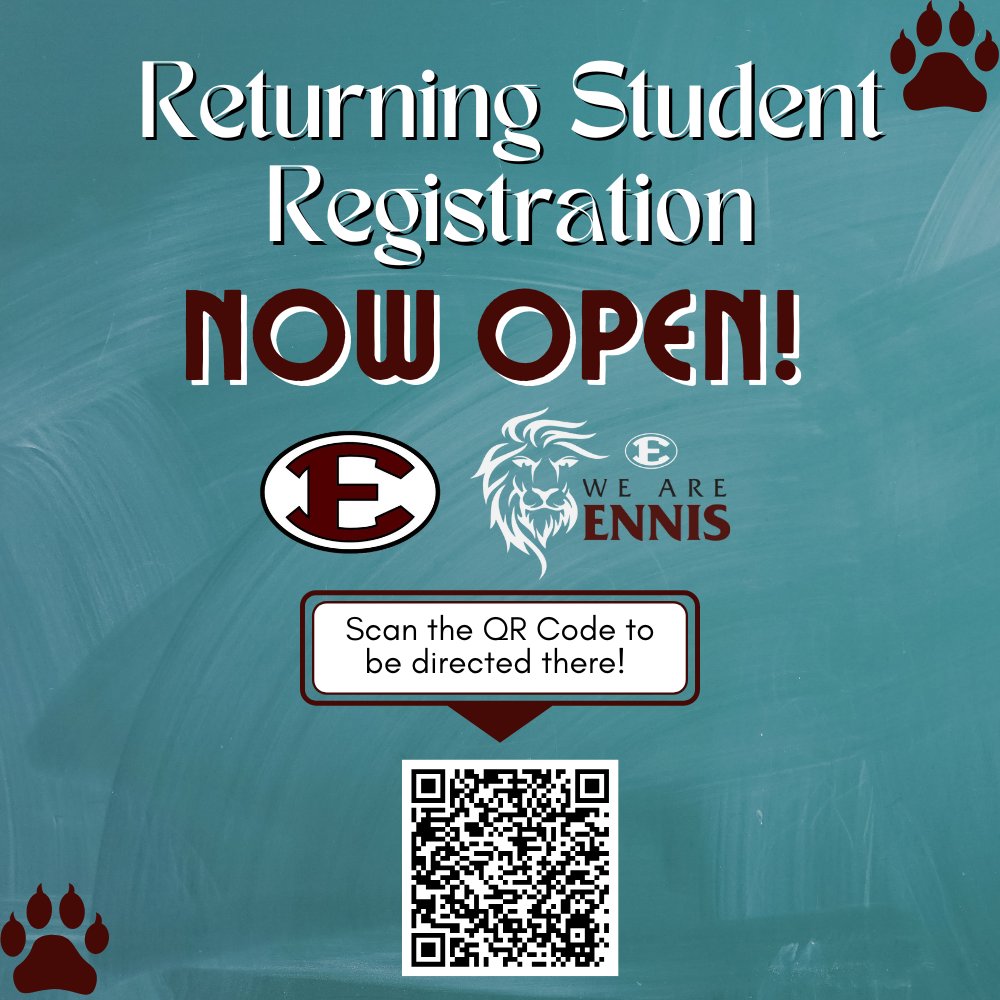 EnnisISD's tweet image. Reminder: Online registration for returning EISD students is now open for the 2025-2026 school year. Follow the direct link below for a complete registration guide. As always, if you have any questions, please email them to FamilyAccess@ennis.k12.tx.us
ennis.k12.tx.us/our-district/b…