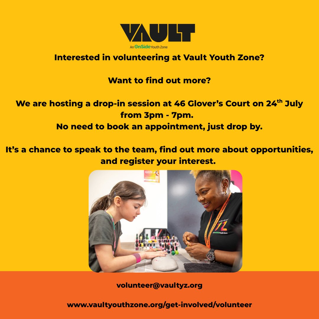 VaultYouthZone's tweet image. Don't forget, it's our first volunteering drop in event tomorrow between 3pm and 7pm.
It's a chance speak to the team, find out more, and register your interest.
If you would like to register your attendance please email us at volunteer@vaultyz.org