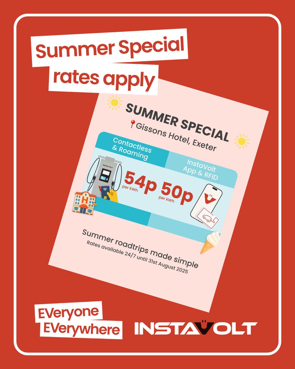 InstaVoltUK's tweet image. Heading to Devon? Charge up at The Gissons Hotel, EX6 7UD (///decent.innocence.ignites) ⚡
8 x 120kW chargers
Just off the A38
Near Dartmoor & Exeter city centre
📍 instavolt.co.uk/location/elect…
Summer rates from 50p/kWh!
T&Cs: instavolt.co.uk/instavolt-expa…
#EVcharging #Exeter #InstaVolt…