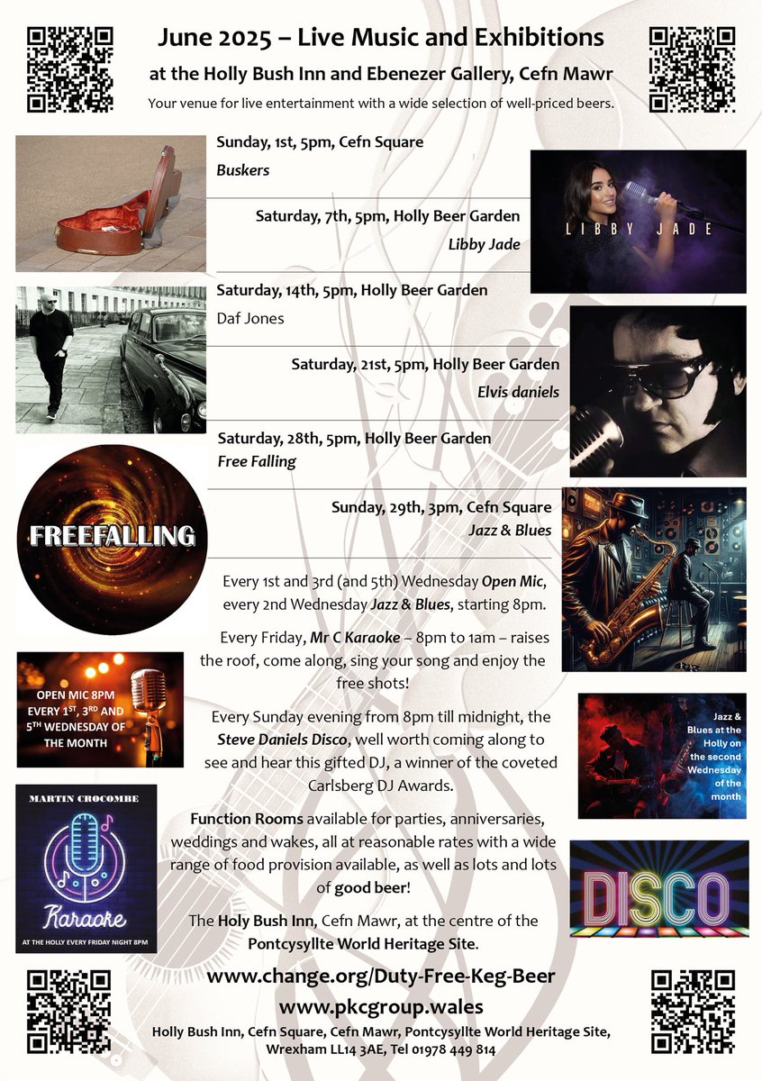 June 2025 - Live Music and Exhibitions at the Holly Bush Inn and Ebenezer Gallery, Cefn Mawr.
Live entertainment with a wide selection of well-priced beers.
change.org/Duty-Free-Keg-…
pkcgroup.wales
Tel: 01978 449 814
Cefn Square, Cefn Mawr, LL14 3AE
#nw4b
#northwalessocial