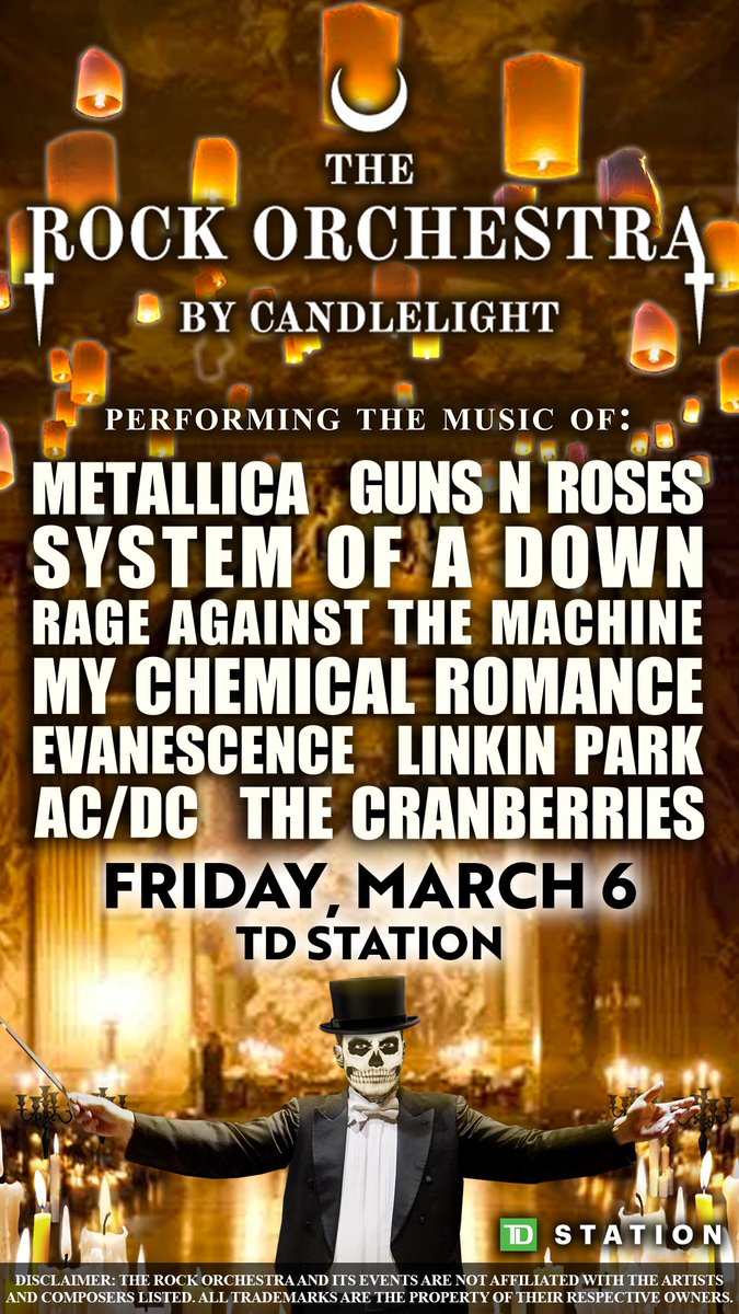 After wowing audiences across Europe and the USA, The Rock Orchestra by Candlelight is kicking off their first expansive tour of Canada, including a stop at TD Station! Join us on March 6 for a can't-miss medley of iconic rock and metal anthems.

Tickets on sale at 10am on 08/15