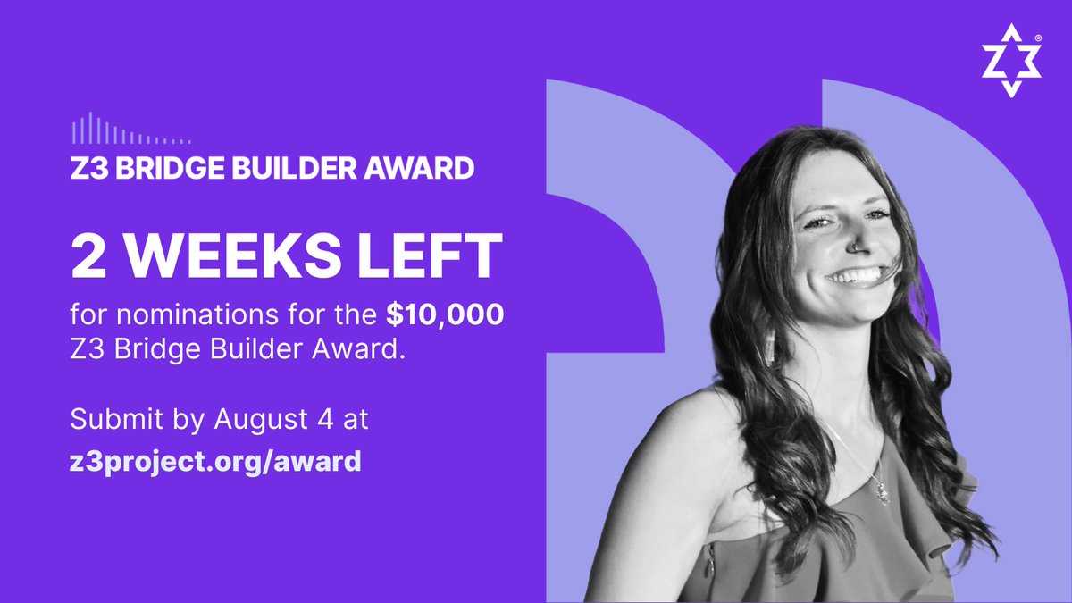 z3_project's tweet image. Only 2 WEEKS LEFT to submit your nomination for the $10,000 Z3 Bridge Builder Award! Help us spotlight those uniting the Jewish world across political, religious, and cultural divides. Nominate by Aug 4 at z3project.org/award #Z3BridgeBuilder #Z3Project