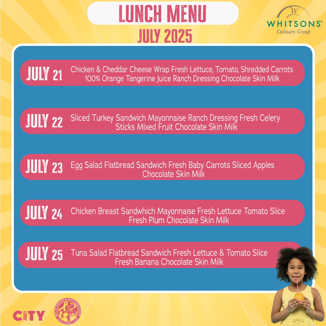 HealthierJC's tweet image. 🍽️ Kids Eat Free! Enjoy this week’s free LUNCH menu (July 21–25) 🥣 📍Available at select Jersey City locations🔎 Find a site near you: jcnj.org/nutrition Let’s eat, laugh & play with friends all summer! ☀️@jerseycity #HealthierJC #SummerMeals