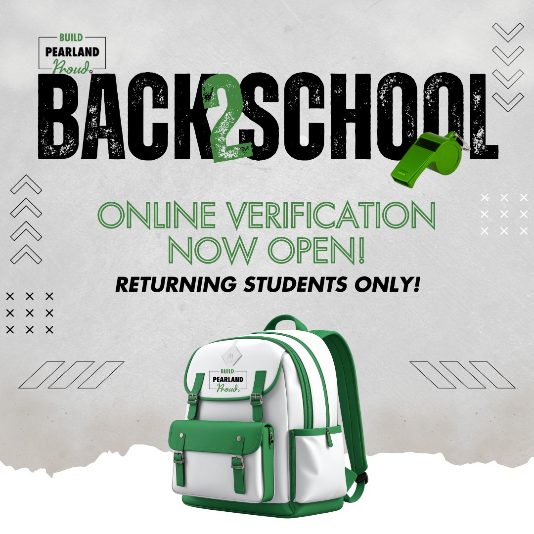 ONLINE VERIFICATION NOW OPEN!

STEP 2 for Returning Students: 
Complete your online verification starting TODAY. This will only be accessible after completing address verification.

Get all the details at pearlandisd.org/back2school

#BuildPearlandProud #TheirFutureYourChoice 📅
