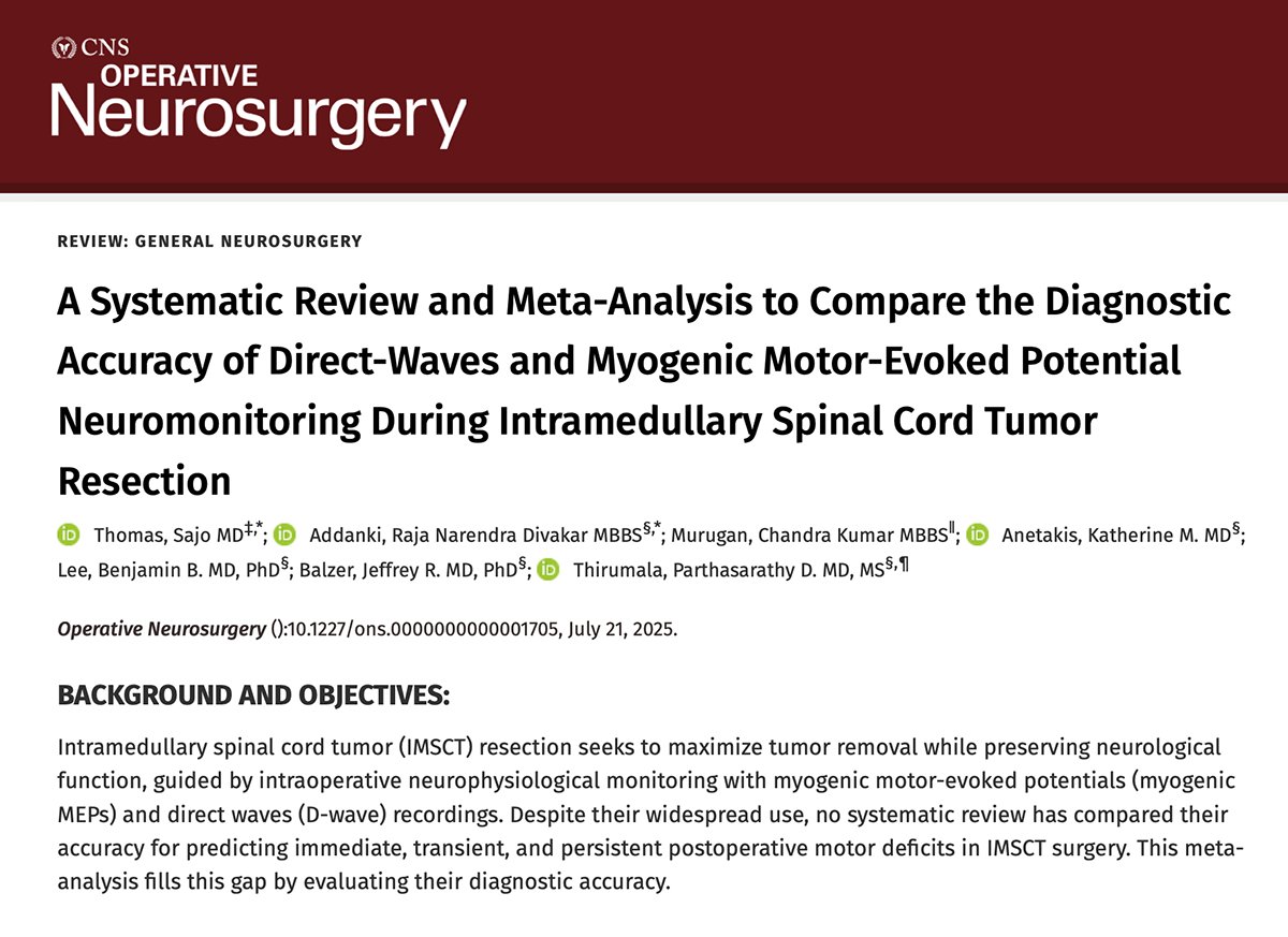 PittNeurosurg's tweet image. Study confirms several long-standing beliefs while also uncovering novel and previously underreported findings relating to intraoperative neurophysiological monitoring during intramedullary spinal tumor resection. journals.lww.com/onsonline/abst… @balzjr @Yes2healthierPA @UPMCPhysicianEd