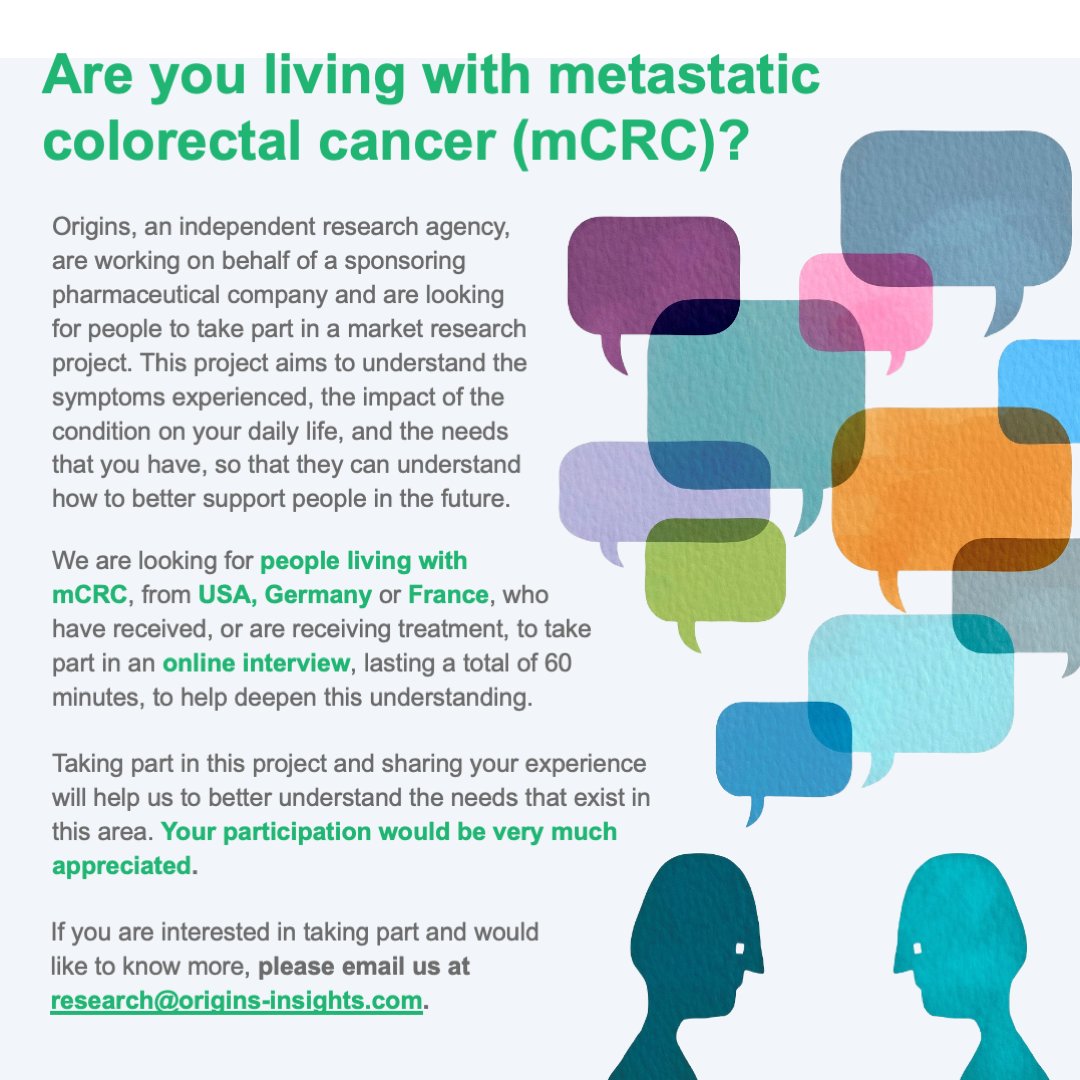 GlobalCRC's tweet image. Paid research opportunity alert! If you have been diagnosed with metastatic colorectal cancer and you are living in France, Germany or the United States, contact research@origins-insights.com #colorectalcancer #coloncancer #mcrc #CCRm