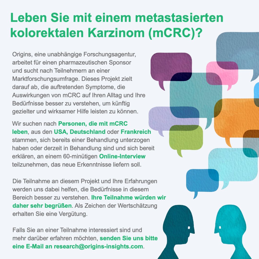 GlobalCRC's tweet image. Paid research opportunity alert! If you have been diagnosed with metastatic colorectal cancer and you are living in France, Germany or the United States, contact research@origins-insights.com #colorectalcancer #coloncancer #mcrc #CCRm