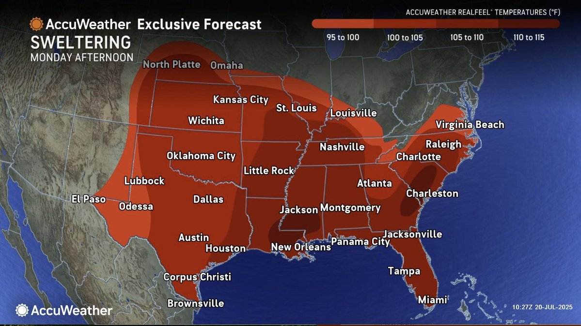 kmoxnews's tweet image. WEATHER - @accuweather Monday
*EXTREME HEAT WARNING THROUGH THURSDAY*
•Today: Clouds will break for some sun. High 89.
•Tonight: Clear, very humid. Low 76.
•Tomorrow: Partly sunny with a spotty storm or two. High 94.