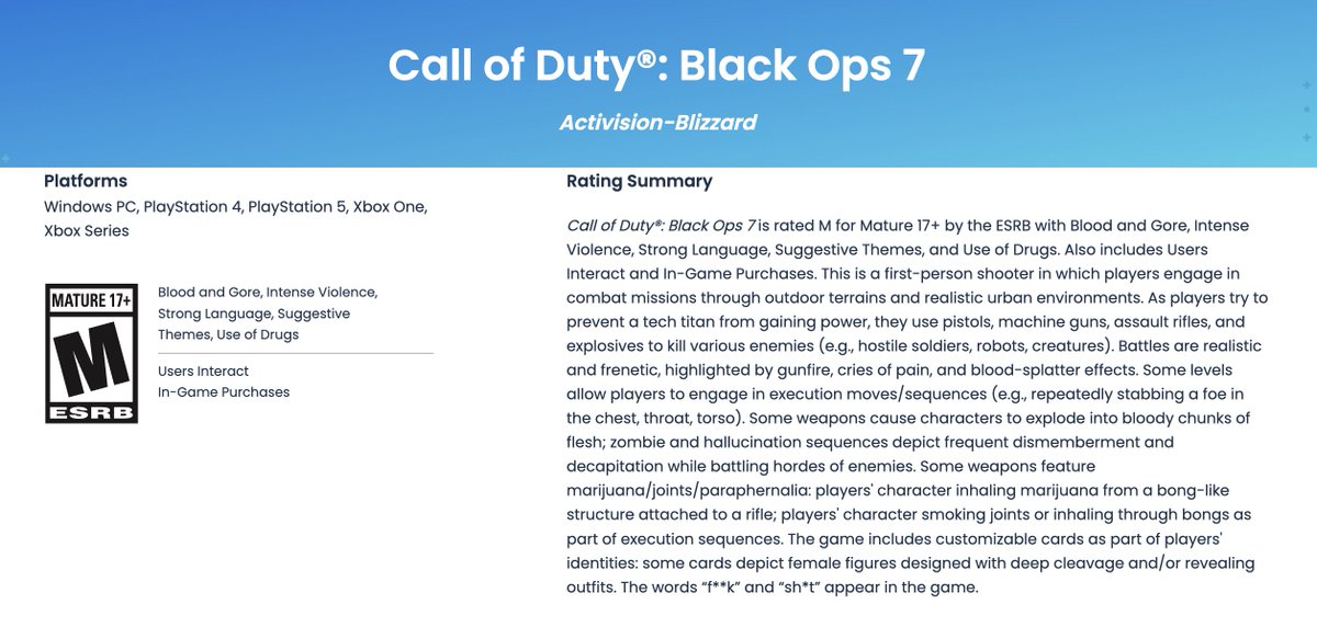 charlieINTEL's tweet image. Call of Duty: Black Ops 7 officially rated M by ESRB
"As players try to prevent a tech titan from gaining power, they use pistols, machine guns, assault rifles, and explosives to kill various enemies (e.g., hostile soldiers, robots, creatures)."