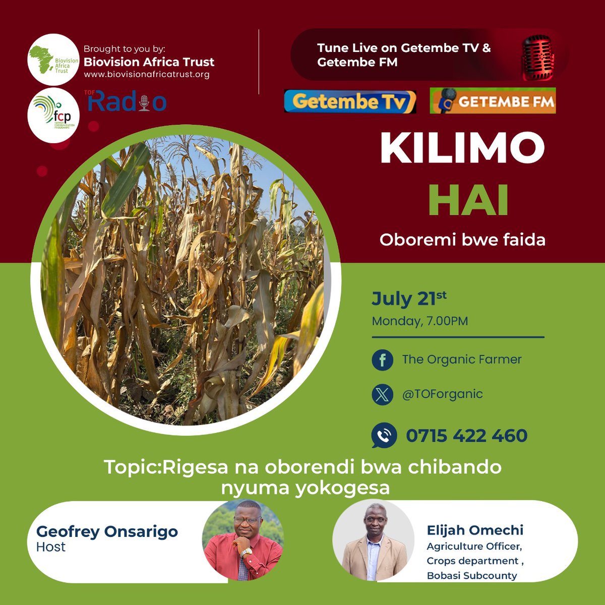 The Organic Farmer (@toforganic) on Twitter photo 🌽 Vuna kwa busara, hifadhi kwa usalama!
Usikose Kilimo Hai leo 21 Julai 🕐 saa moja jioni <a href="/GetembeTV/">Getembe TV</a>
Tunapozungumzia uvunaji bora wa mahindi na usimamizi baada ya mavuno. <a href="/BiovisionAfrica/">Biovision Africa Trust</a> <a href="/biovision_org/">Biovision Foundation</a> <a href="/KcoaKhea/">Knowledge Hub for Organic Agriculture inEastAfrica</a> #SustainableAgriculture #HealthyLiving #SmartFarming 🌽 Vuna kwa busara, hifadhi kwa usalama!
Usikose Kilimo Hai leo 21 Julai 🕐 saa moja jioni <a href="/GetembeTV/">Getembe TV</a>
Tunapozungumzia uvunaji bora wa mahindi na usimamizi baada ya mavuno. <a href="/BiovisionAfrica/">Biovision Africa Trust</a> <a href="/biovision_org/">Biovision Foundation</a> <a href="/KcoaKhea/">Knowledge Hub for Organic Agriculture inEastAfrica</a> #SustainableAgriculture #HealthyLiving #SmartFarming
