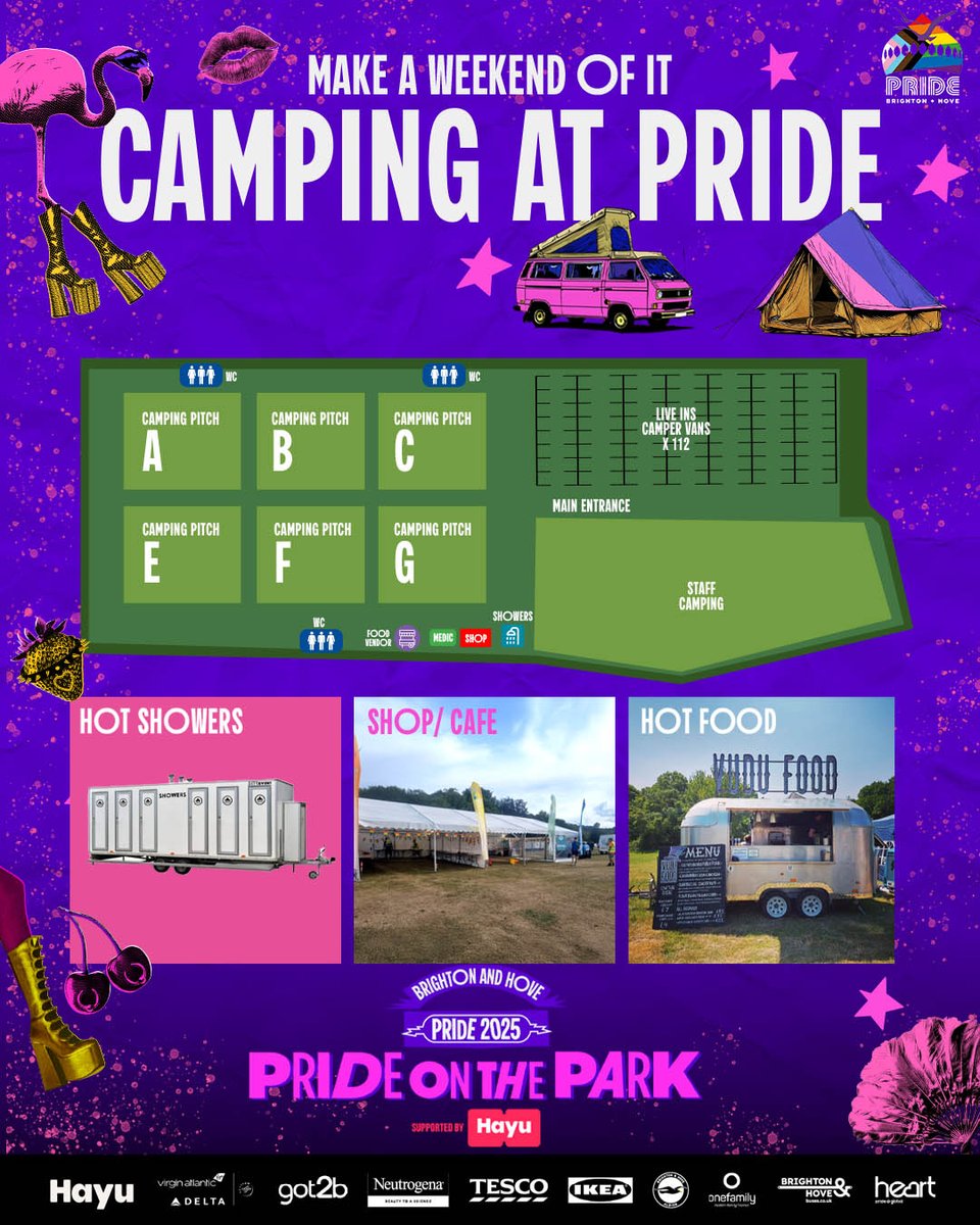 PrideBrighton's tweet image. ⛺️ Camping at Pride: here&apos;s all the info you need if you&apos;re planning to stay on the grounds during Pride weekend!

 🚐 Pitches aren&apos;t pre-allocated, first come first served for both tents and campervans!
🥤 There will be showers, water points, and shops on site 

We can&apos;t wait to…
