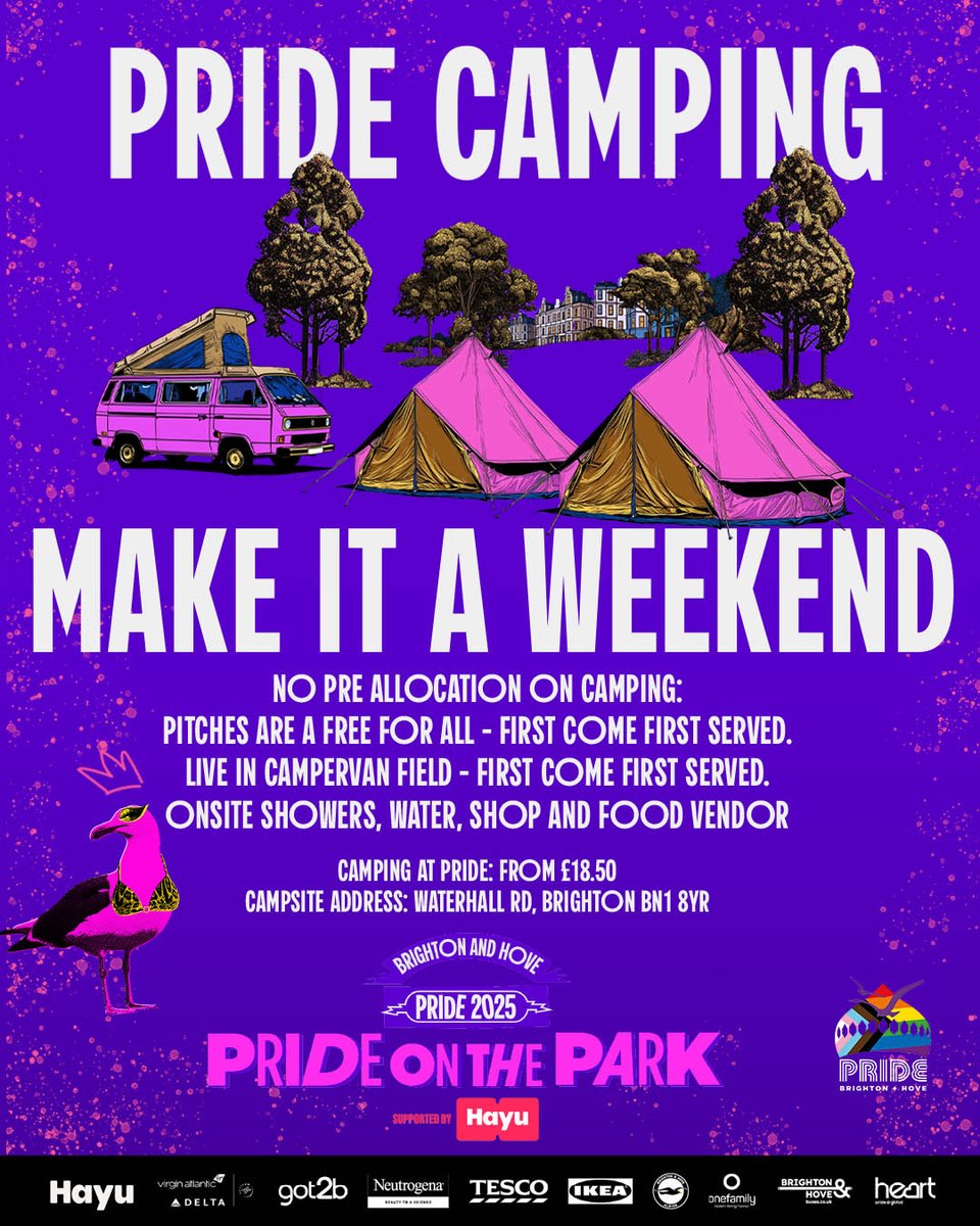 PrideBrighton's tweet image. ⛺️ Camping at Pride: here&apos;s all the info you need if you&apos;re planning to stay on the grounds during Pride weekend!

 🚐 Pitches aren&apos;t pre-allocated, first come first served for both tents and campervans!
🥤 There will be showers, water points, and shops on site 

We can&apos;t wait to…