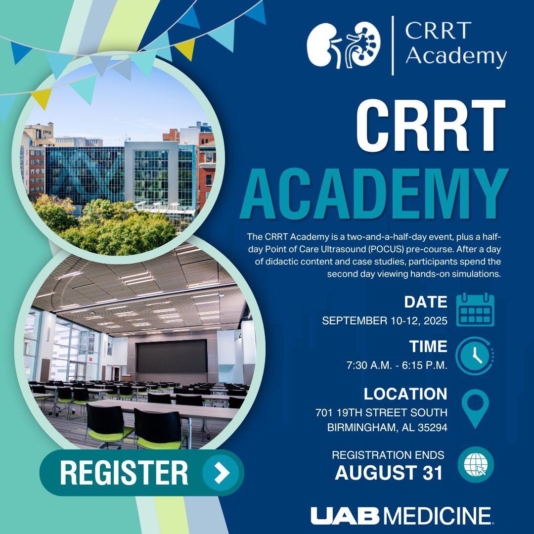 The UAB CRRT Academy is an annual 2.5-day conference. It features lectures, hands-on workshops, simulations, and problem-solving sessions for a comprehensive understanding of CRRT. Registration ends August 31.🎟️

🔗 Learn more: brnw.ch/21wUj1C