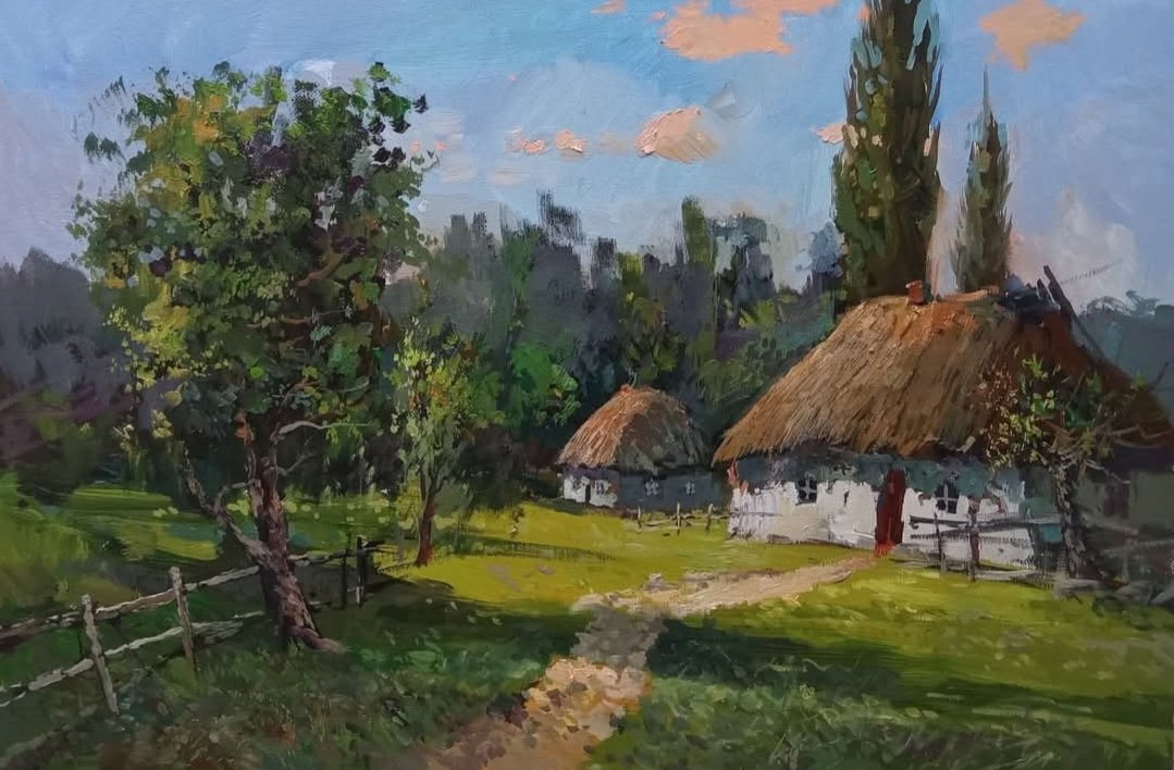 Nataliy94087733's tweet image. " Доброго вечора, ми з України."🇺🇦
Художник Олег Довгань.
" Біля хатини."